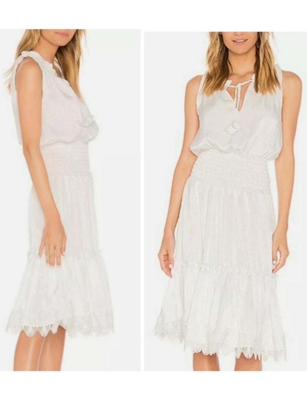 MISA Los Angeles $350 Sleeveless White Midi Dress Ruffles Elastic Waist Size M
